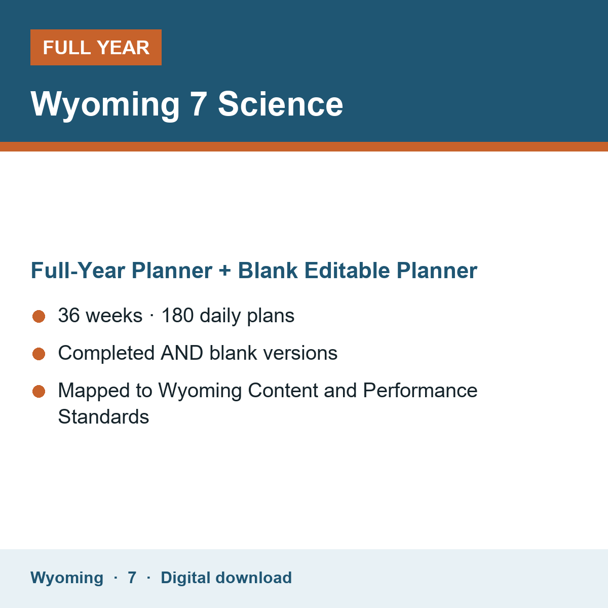 Cover of the Wyoming Grade 7 Science full-year teacher planner