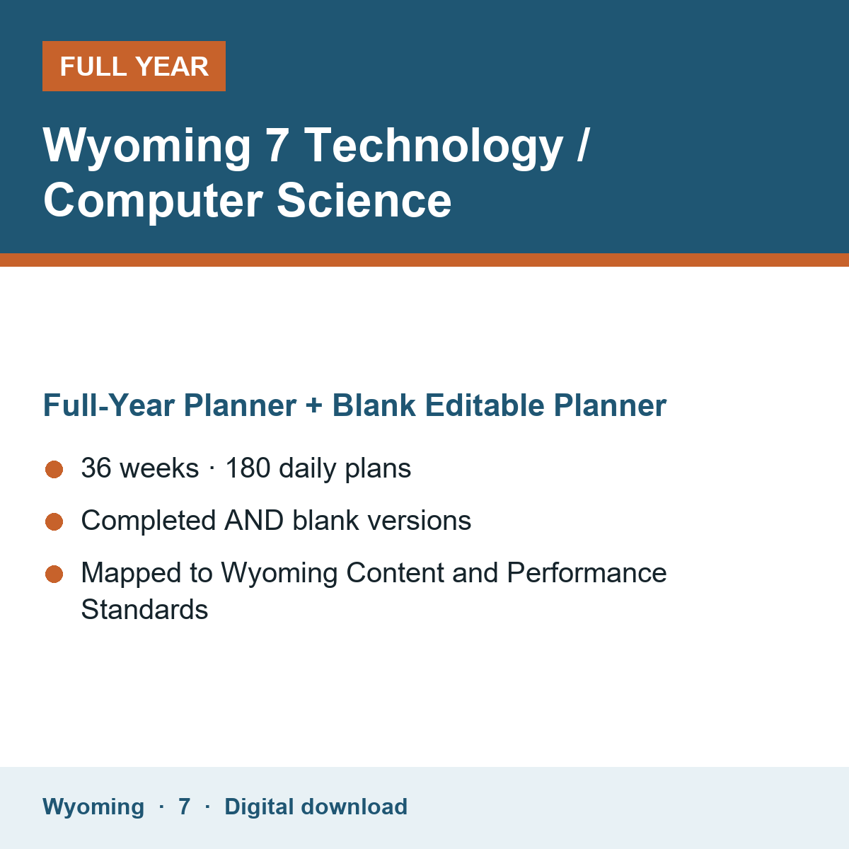Cover of the Wyoming Grade 7 Technology / Computer Science full-year teacher planner