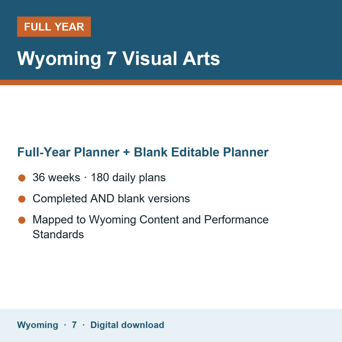 Cover of the Wyoming Grade 7 Visual Arts full-year teacher planner