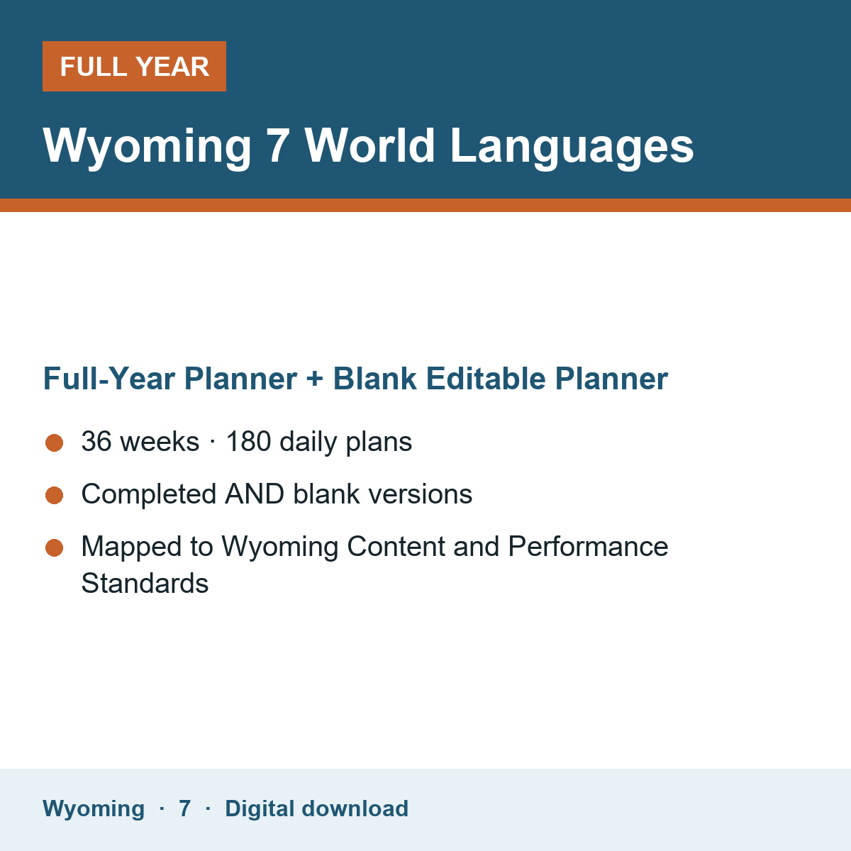 Cover of the Wyoming Grade 7 World Languages full-year teacher planner